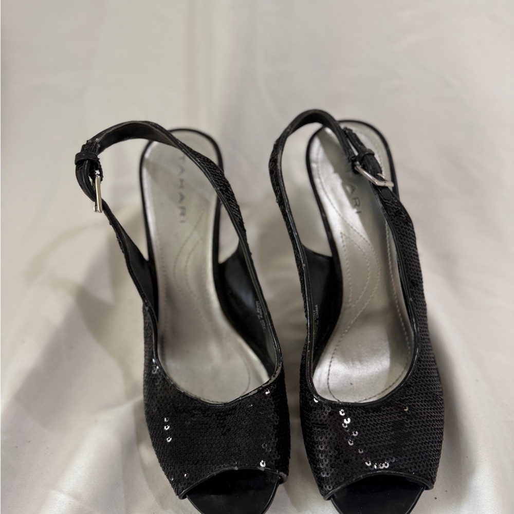 Tahari Black Sequin Peep-Toe Heels Size 7.5